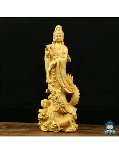 Statue Bouddha Dragon Guanyin en Bois de Buis Jaune Venez découvrir notre 