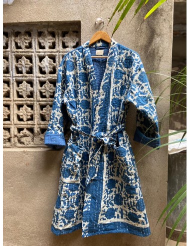 Kimono Block Printing Bleu Long est présent 