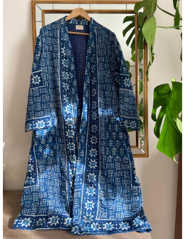 Kimono Block Printing Bleu Long de technologie