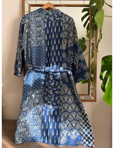 Kimono Block Printing Bleu Long pas cheres