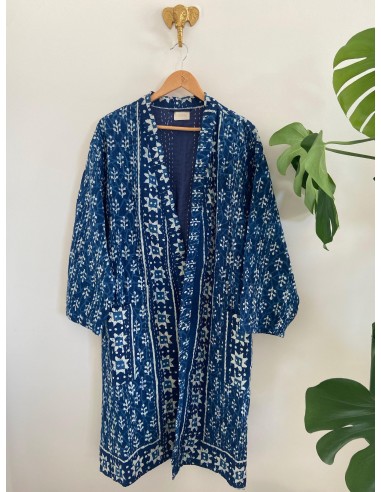 Kimono Block Printing Bleu Long destockage