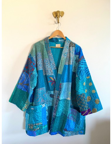 Kimono patchwork en Soie Court Bleu Turquoise  2 vente chaude votre 