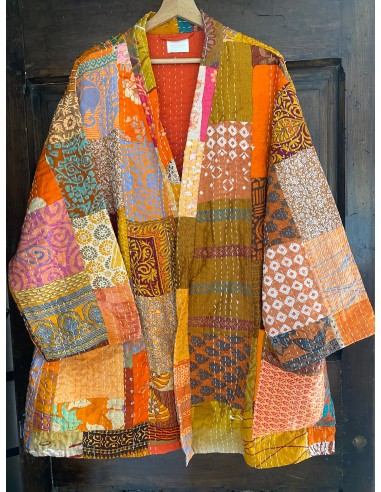 Kimono patchwork en Soie Court Orange pas cher 