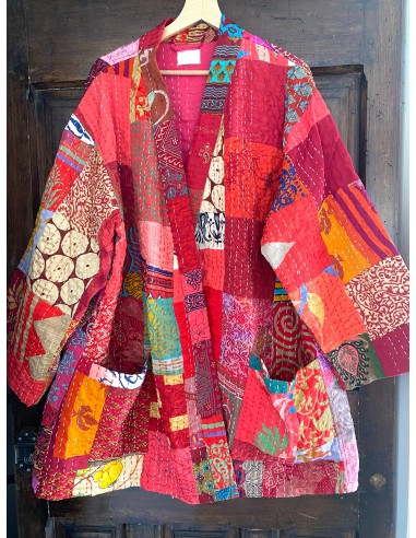 Kimono patchwork en soie court rose/ rouge la chaussure