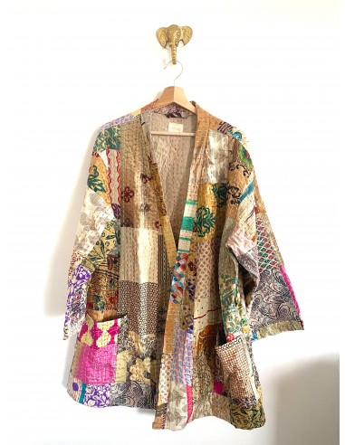 Kimono patchwork en Soie Court Beige 5 Livraison rapide