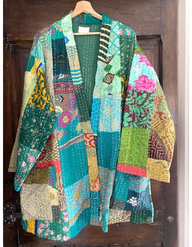 Kimono patchwork en Soie Court Vert 1 rembourrage situé sous