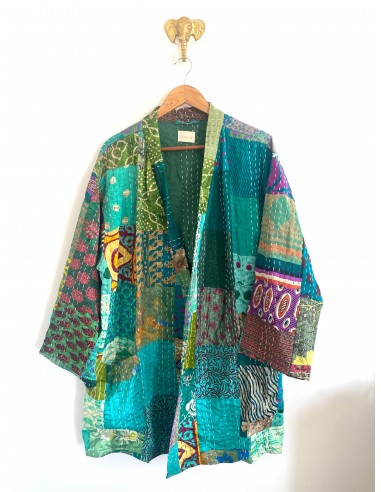 Kimono patchwork en Soie Court Vert 3 online