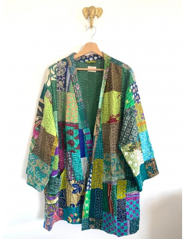 Kimono patchwork en Soie Court Vert 4 destockage