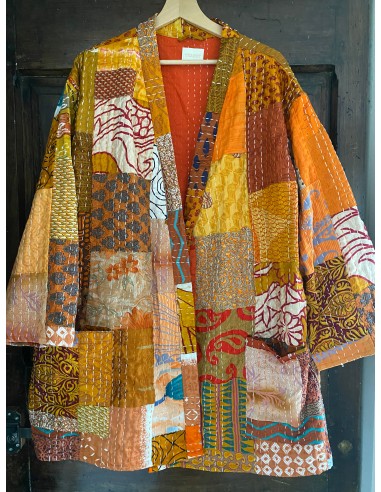 Kimono patchwork en Soie Court Orange 2 meilleur choix