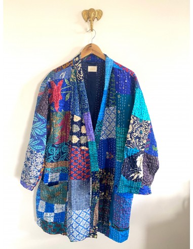 Kimono patchwork en Soie Court Bleu Riviera 2 pas cheres