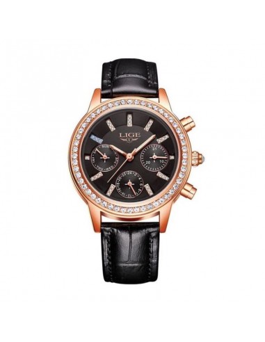 LIGE Diana Cristal - Montre Femme Brillant Cuir Noir Les magasins à Paris