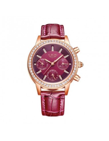 LIGE Diana Cristal - Montre Femme Brillant Cuir Bordeaux Amélioration de cerveau avec