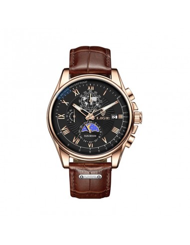 LIGE Urban Chrono - Montre Homme Chronographe Business Cuir Marron les muscles