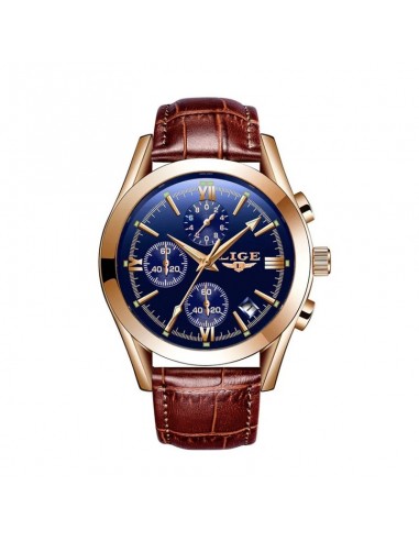 LIGE Chrono Style - Montre Homme Boîtier Doré Bracelet Cuir Marron brillant des détails fins