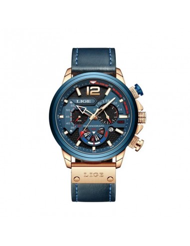 LIGE Pilot Chrono - Montre Homme Chronographe Sport Cuir Bleu basket pas cher